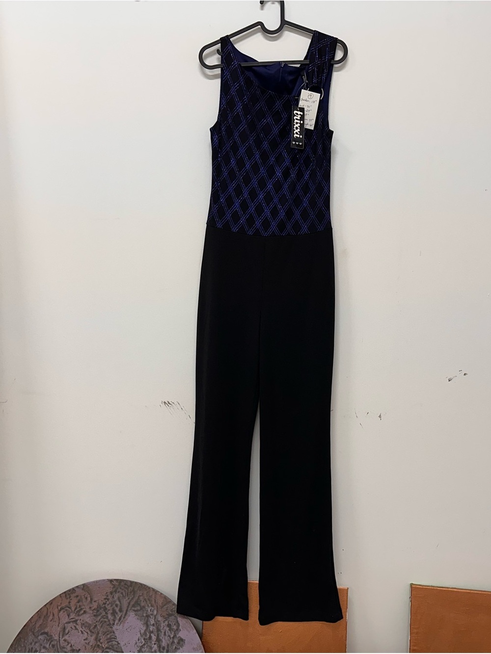 Vintage nwt Trixxi Navy Patterned & Black Sleeveless Jumpsuit medium large
